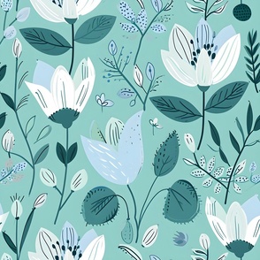 Teal colored flowers large scale blue and green
