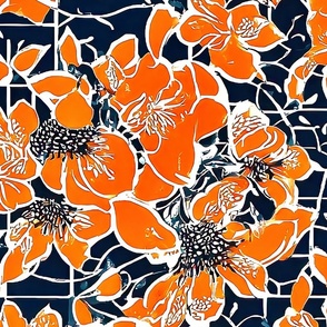 peach flowers on dark blue background large scale