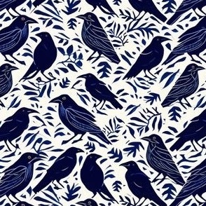 Mystic Raven Linocut Fabric - Dark Blue Ravens on White Canvas