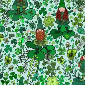 Wee Irish Gnomes in a Shamrock Forest (Mint Green large scale) 