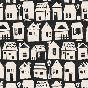 Black houses block print style