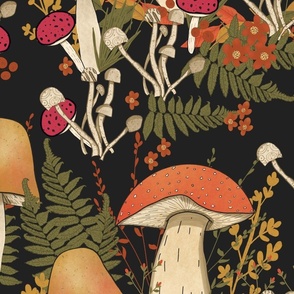 Mushroom Pattern with Ferns and Flowers