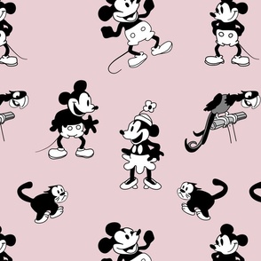 Steamboat Willie Cartoons Mouse, Parrot, Cat on Rose Pink