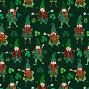 Irish Leprechaun Gnomes and Shamrocks (Dark Forest Green)