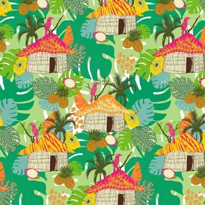 Medium scale colorful and whimsical tropical jungle hut print.