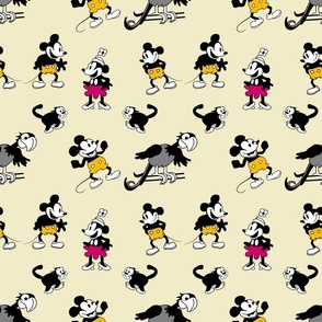 Steamboat Willie Colored Cartoon Parrot  Mouse Cat on Yellow