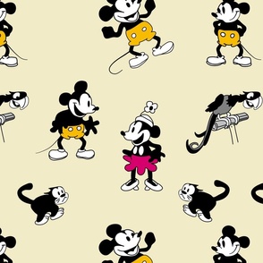 Steamboat Willie Colored Cartoon Mouse Cat Parrot on Yellow