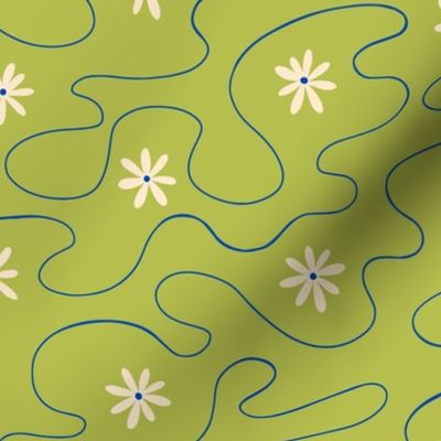 Modern daisies with wavy lines in green - Medium scale