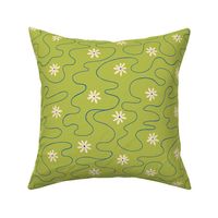 Modern daisies with wavy lines in green - Medium scale