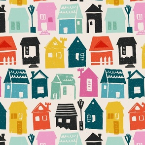 Colorful houses block print style