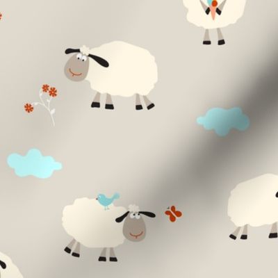 Little Sheep And Clouds Pattern On Cream