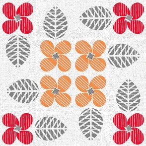 Blockprint flowerquartet_red orange_textured