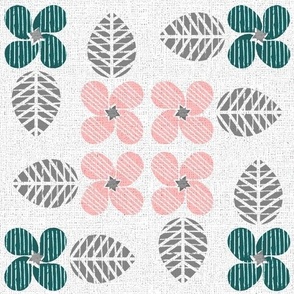 Blockprint flowerquartet_teal pink_textured