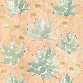 Turquoise Hand Painted Watercolour Cacti on Peach Desert