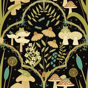 (L) Frogs on Mushrooms // Gold, Green, Blue, and Orange on Black
