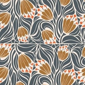 Entwined Bold Russet Flowers and Denim Leaves