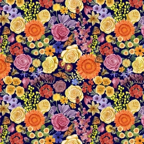 Rich Maximalist Floral with Rose, Gerbera, Gladiolus, Mimosa, Geranium, Cyclamen, Primerose, Dandelion, Freesia, Bees, Butterflies and Ladybug, Small Scale, Navy Blue Background