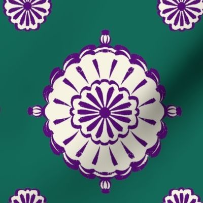 Geometric block print blooms in green & purple featuring circles of poppy seeds florets for nature-inspired living decor, wallpaper & bedding