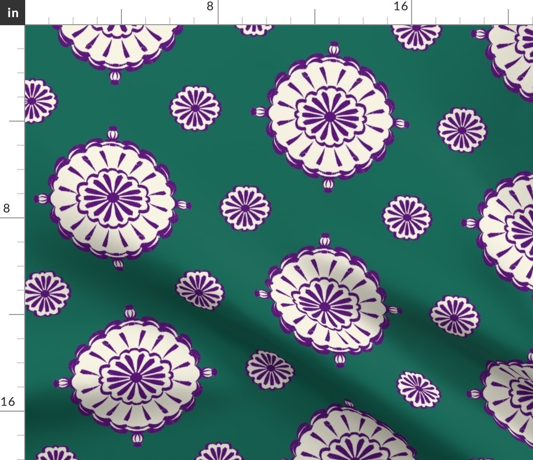 Geometric block print blooms in green & purple featuring circles of poppy seeds florets for nature-inspired living decor, wallpaper & bedding