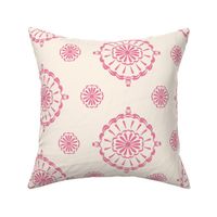 Geometric block print blooms in Ivory & light pink featuring circles of poppy seeds florets for nature-inspired living decor, wallpaper & bedding