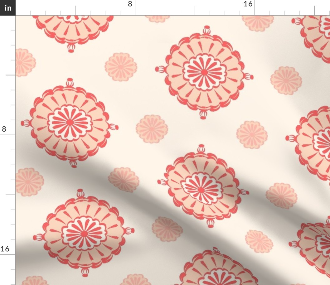 Geometric block print blooms in pantone 2024 peach fuzz & Ivory featuring circles of poppy seeds florets for nature-inspired living decor, wallpaper & bedding