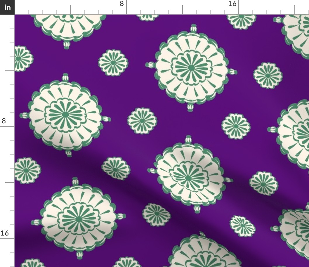 Geometric block print blooms in purple & green featuring circles of poppy seeds florets for nature-inspired living decor, wallpaper & bedding
