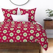 Geometric block print blooms in red & green featuring circles of poppy seeds florets for nature-inspired living decor, wallpaper & bedding