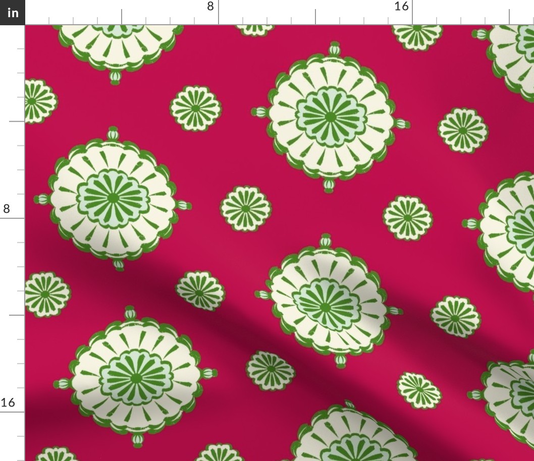 Geometric block print blooms in red & green featuring circles of poppy seeds florets for nature-inspired living decor, wallpaper & bedding