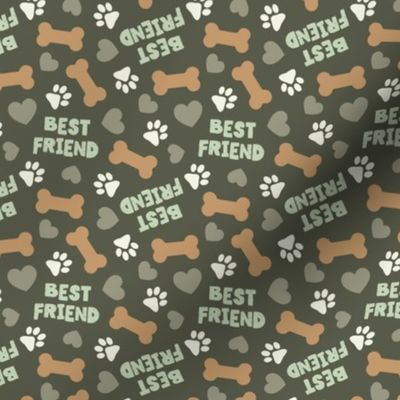 (small scale) Best Friend - Doggy best friend - paws bones and hearts -  olive green - LAD24