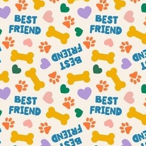 (small scale) Best Friend - Doggy best friend - paws bones and hearts -  multi on cream - LAD24