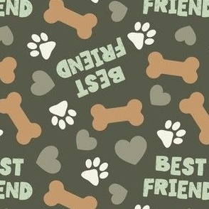Best Friend - Doggy best friend - paws bones and hearts -  olive green - LAD24