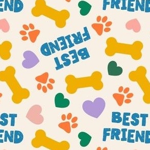 Best Friend - Doggy best friend - paws bones and hearts -  multi on cream - LAD24