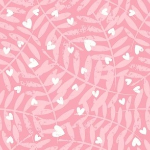 Scattered Textured Hearts on Leaves in rose pink, ballerina pink and white/light cream