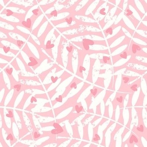 Scattered Textured Hearts on Leaves in rose pink, ballerina pink and white/light cream