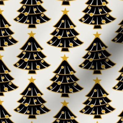 christmas trees block print black white yellow blackforest - medium

