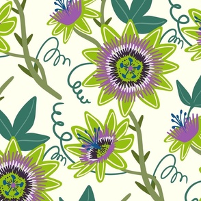 Vibrant Passionflower Botanical Design, Exotic Nature Inspired Floral Pattern on a Light Background (Large Scale)