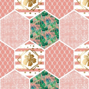 Hibiscus Tropical Honeycomb Design Repeating Pattern, Coral
