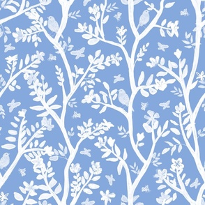 Enchanted forest, white on light cobalt blue with birds, butterflies, flowers and ladybugs