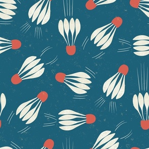 Badminton birdies (large shuttlecocks)  flying about for this court based sport design in creams, dark blue and red.