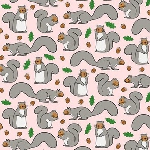 Cute Gray Squirrels and Nuts on Pastel Pink