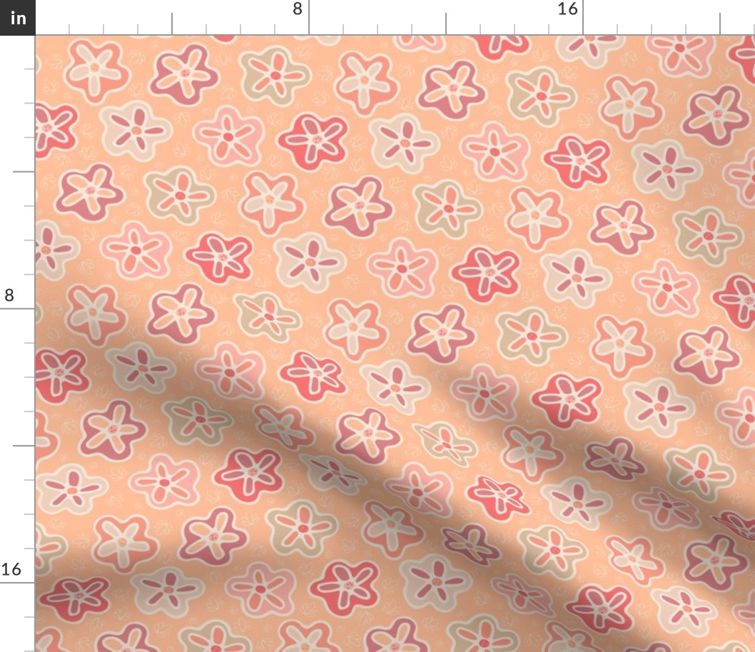 Peach Fuzz Pantone small star flowers, red, peach, orange, tan, 