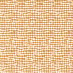 Mini scale simple modern checker pattern in orange and off white, with wonky irregular lines - for apparel, wallpaper, duvet covers and table linen.