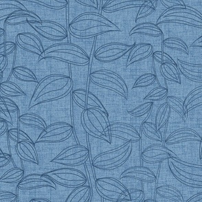 Jumbo - Hand drawn indigo denim leaves and vines of the inch plant on a chambray blue, faux denim woven textured background. 