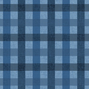 2" wide chambray, indigo and stonewashed denim blue stripes create a faux denim, textured buffalo plaid, checks.