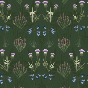 Jumbo - Flowers and leaves of Scotland on a rich, dark bottle green coloured background with thistles, heather and bluebells.