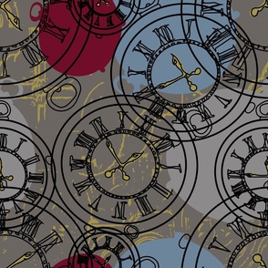 clocks in red, gray, blue and black