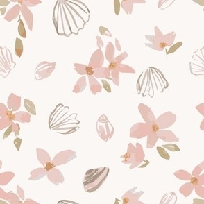 Watercolour Spring Flower Blooms with Shells in pink, green and cream