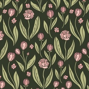 Small, Spring Tulips, Blush Pink on Dark Green, 6X6