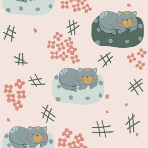 cat sleeping nursery floral in peach background hashtag kitty, mint orange