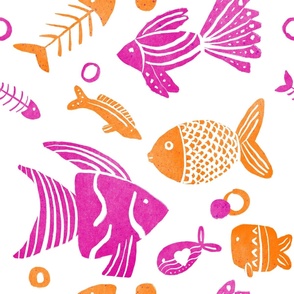 Magenta pink and orange tropical  fishes - ink stamping effect - Jumbo scale